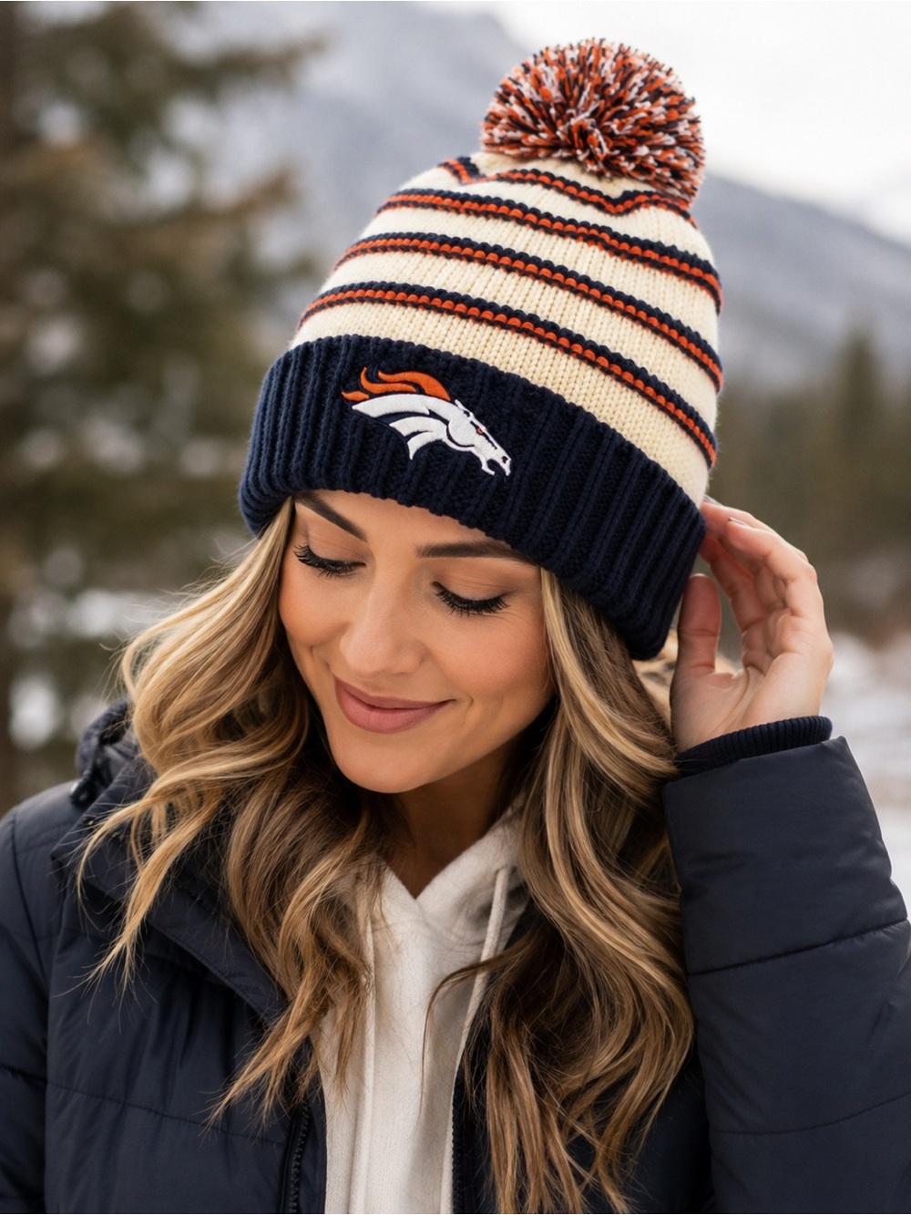 Denver Broncos Knit Pom Pom Beanie Hat Navy Orange Cream Unbranded - Picture 5 of 6